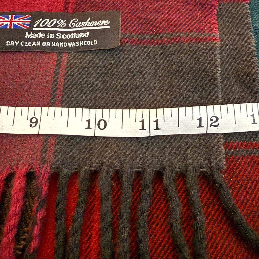 100% Cashmere‎ Plaid Scarf Made in Scotland Red Grey Maroon Luxury Warm Fringe